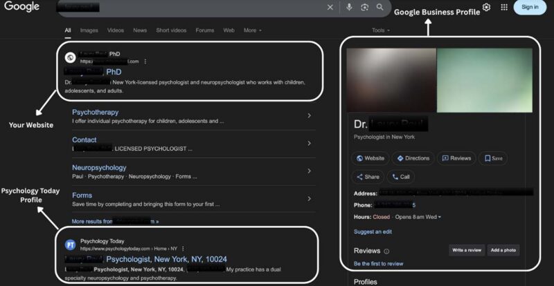 Google search results for a therapist