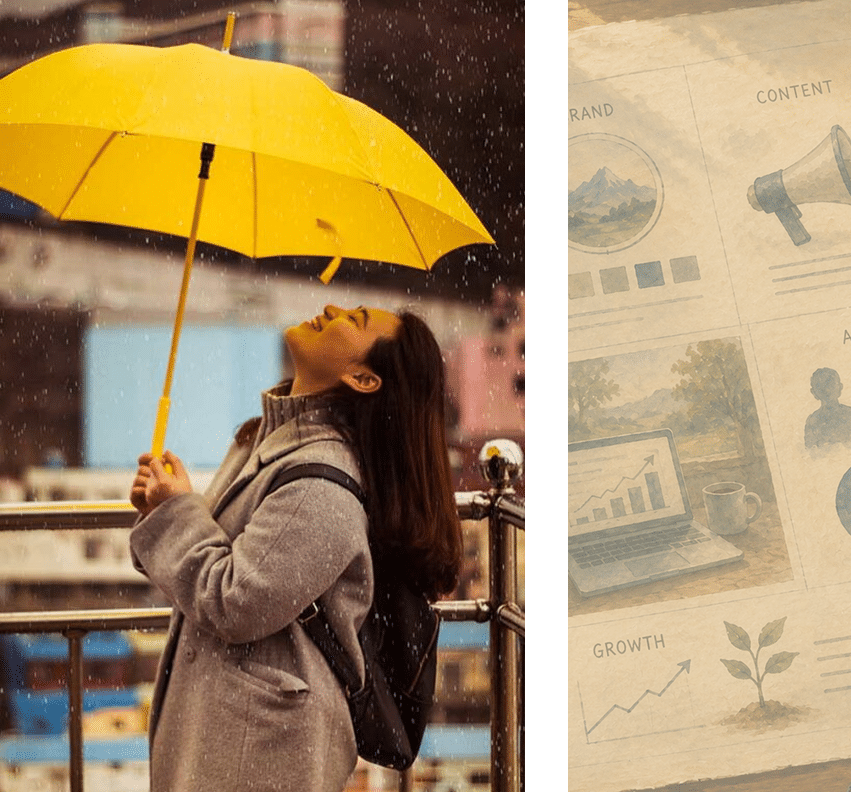 Woman smiling under a yellow umbrella in the rain beside an illustrated brand, content and growth plan
