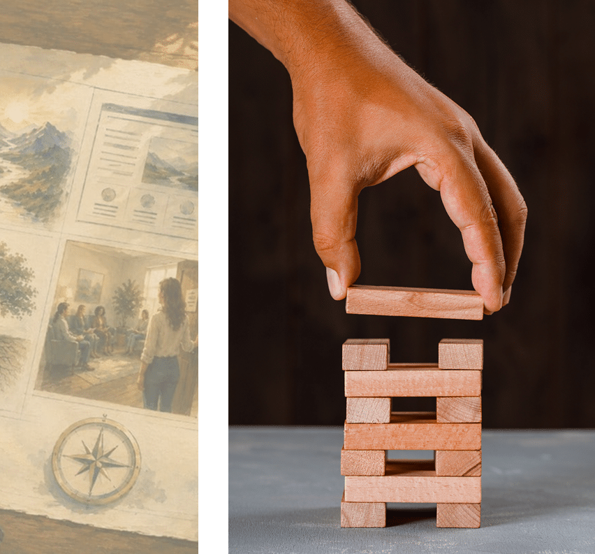 Illustrated practice plan beside a hand stacking wooden blocks