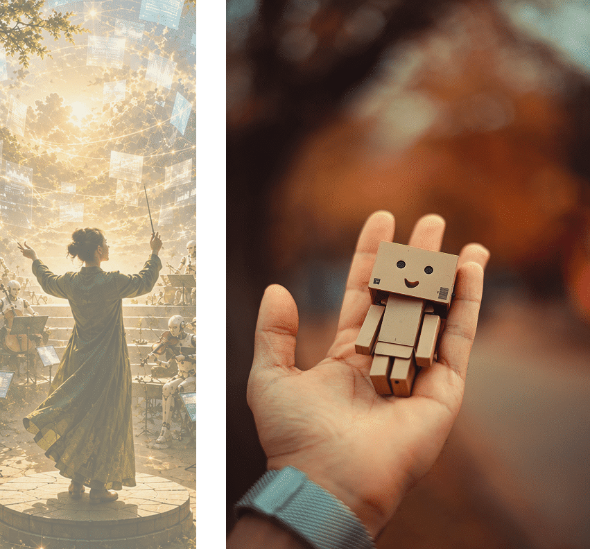 A hand holding a small cardboard robot figure