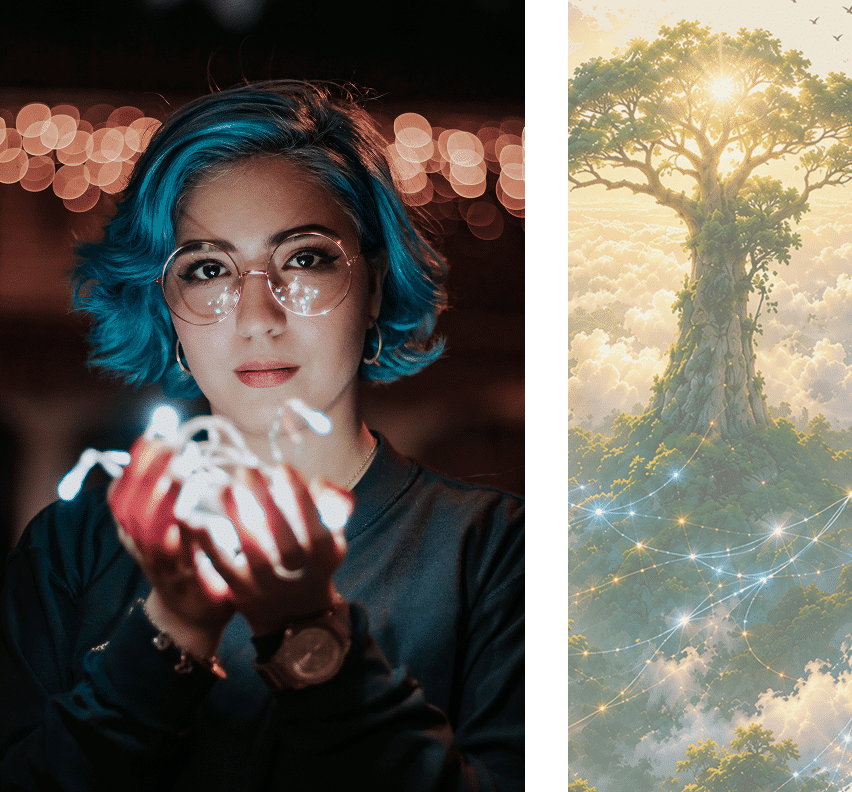 A woman holding a glowing light in her hands, beside a tree lit with stars